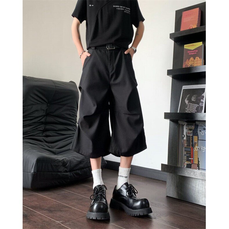 美式褶皱挺阔休闲西装短裤男女小众宽松阔腿直筒cleanfit七分裤夏,男装西裤,星座601-1