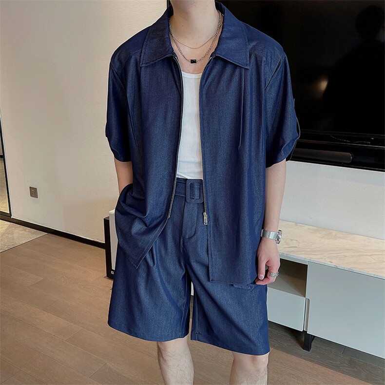 夏季网红时尚天丝牛仔中袖衬衫男套装时尚短裤两件套潮TZ262-P135,男装牛仔裤,电商B267
