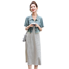时尚牛仔条纹两件套显瘦修身夏季新款女装套装，女装套装/套裙，艾尚靓装