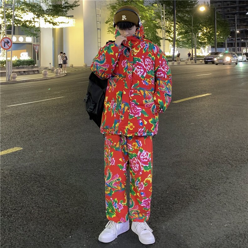 TZ206男士休闲东北大花连帽棉衣加绒裤套装风民族潮男女装,男装休闲套装,星座115A(原星座507）