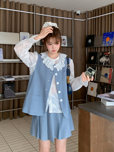 韩系设计感套装女2026新款超火减龄上衣马甲百褶裙穿搭三件套图片