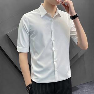 夏季冰丝衬衫男修身潮流五分袖商务高级感白衬衣8315P65控118图片