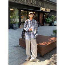 CS301-P35美式潮牌蓝色长袖格子衬衫男女生宽松百搭复古休闲，男装T恤，电商B323A