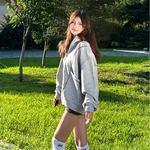 抖音得物高品质秋冬美式高街重磅结构辑明线纹理连帽卫衣外套W111图片