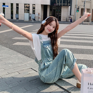 韩版学院风复古牛仔背带裤女2025夏季新款高腰显瘦减龄直筒连体裤图片