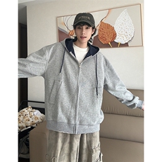 抖音得物二开美式高街重磅结构双层撞色连帽卫衣开衫外套W116，男装卫衣，电商A486