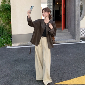 秋装 新款 皮衣外套休闲宽松版 圆领 袖口拼接格-2d075-p175-k235图片