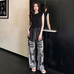 慵懒风减龄时尚套装女夏新款遮肚显瘦无袖网纱拼接上衣长裤两件套图片