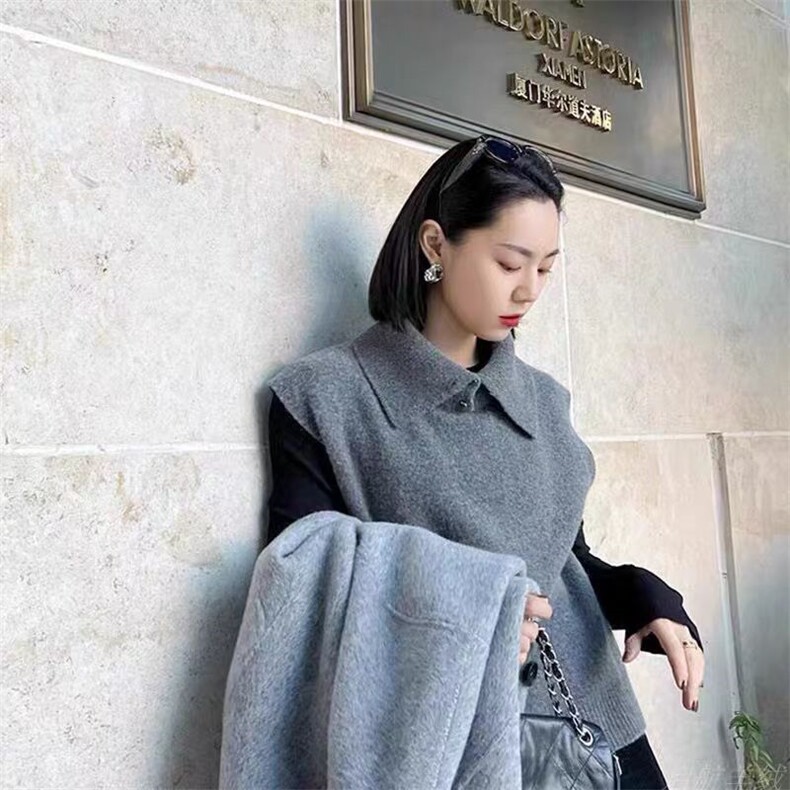 2024秋冬新款羊毛女士金属扣高翻领羊毛背心马甲,女装马甲,胜酷羊绒