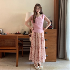 法式甜美粉色上衣半身裙女2025夏季新款韩系复古茶歇碎花裙两件套，女装套装/套裙，2C227