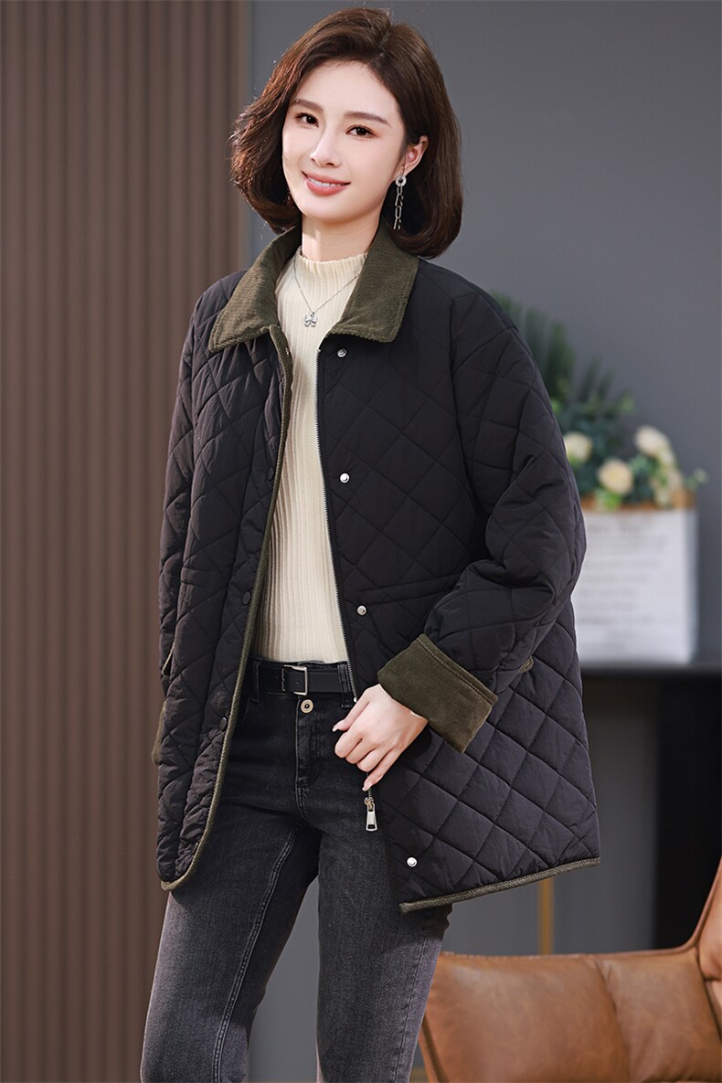 2023冬季新款夹棉外套时尚菱格宽松翻领棉衣,女装棉衣/棉服,忆绮罗
