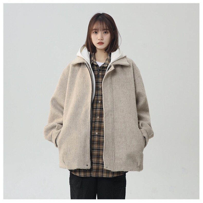 冬季加棉加厚阿尔巴卡呢子带帽宽松中性港风男女外套M897-P138,女装短外套,电商A170