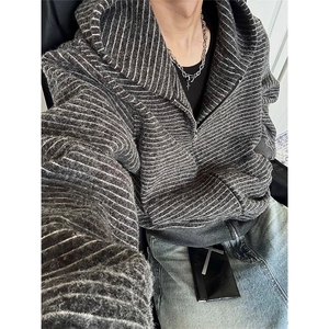 美式复古条纹慵懒拉链开衫连帽卫衣男女宽松百搭情侣外套上衣网图图片