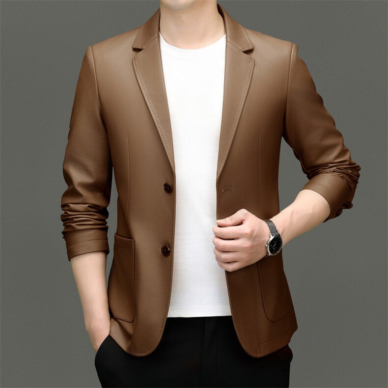 新款男装韩版修身小西装外套男士春秋季皮衣商务休闲皮西服夹克图片