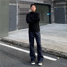 黑蓝色格子裤男女显腿长休闲运动裤美式高街直筒微喇裤，女装休闲裤，四季星座505