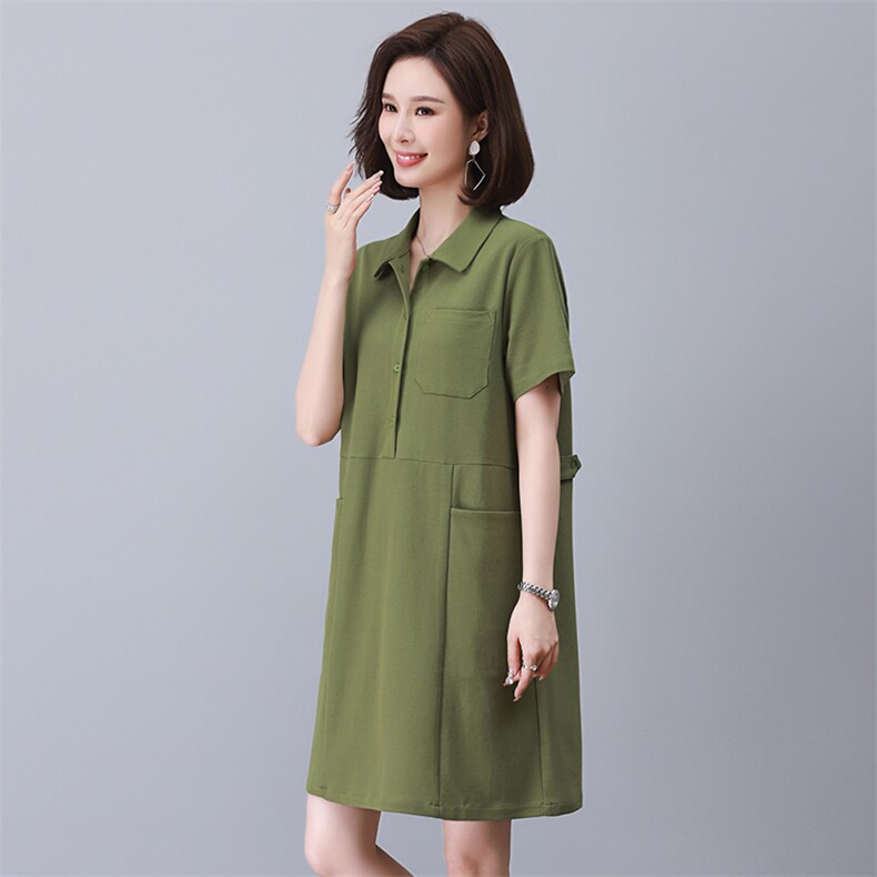 母亲节中年妈妈连衣裙夏季2023新款短袖中长款夏装翻领洋气裙子女,女装连衣裙,涵誉