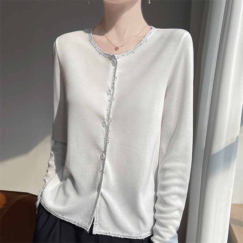 时尚潮流清爽简约碎钻包边长袖圆领开衫衬衣，女装衬衫，圣丽羊绒