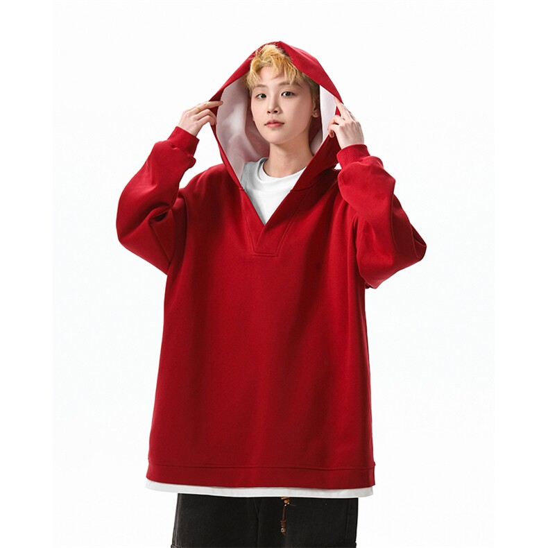 8XL-M叠穿假两件卫衣重磅连帽V领拼接套头衫宽松大码外套WY006P65,女装短外套,电商B312