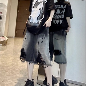 CP1169-P42 美式高街破洞牛仔短裤潮流新款简约原宿日系中裤图片
