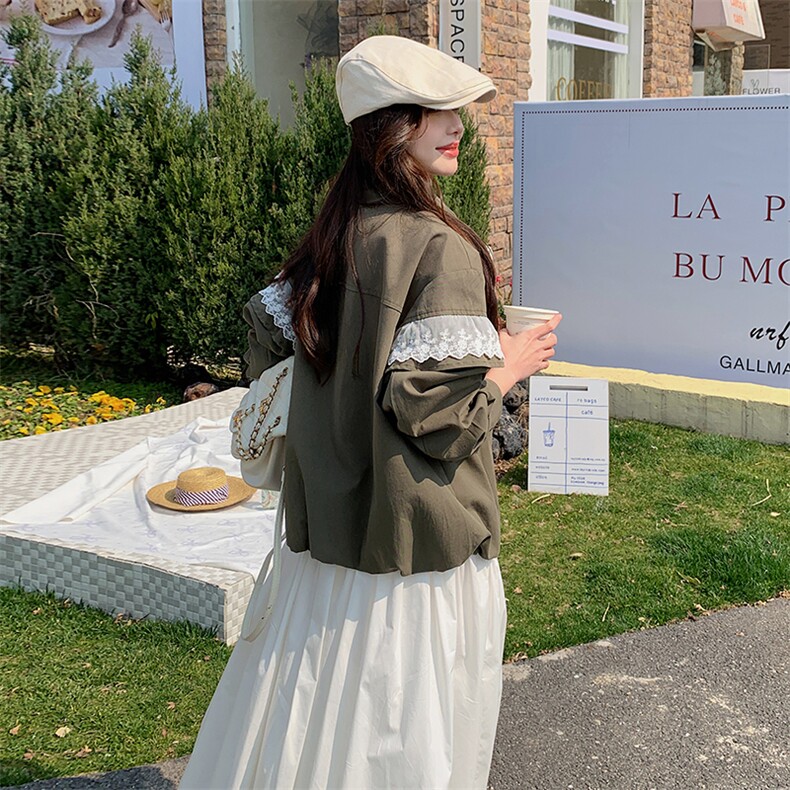 美式复古甜酷风蕾丝拼接暗扣工装外套女2025春款休闲棒球服夹克,女装短外套,蝶眷