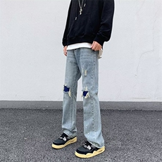 假破洞美式复古做旧泼墨补丁牛仔裤男女直筒宽松牛仔长裤潮流，男装牛仔裤，星座601-2