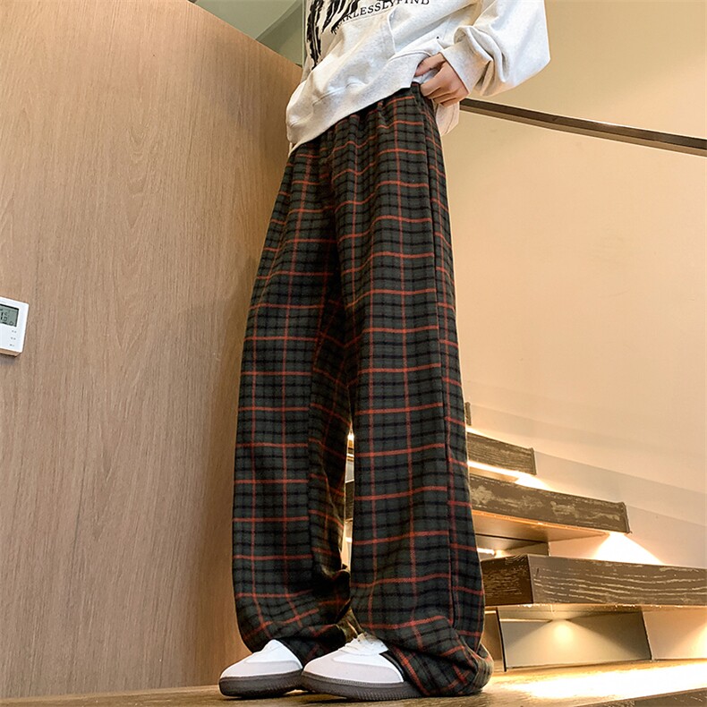 撞色加厚格子裤男女秋冬复古慵懒拖地直筒裤裤子225-2-20832-P48,男装休闲裤,星座225-2
