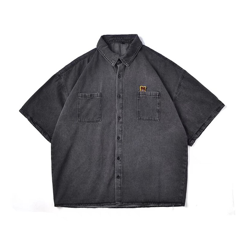 高街工装牛仔短袖衬衫男士夏季炸街情侣五分袖中性衬衣CS1352-p45,男装衬衫,星座1008