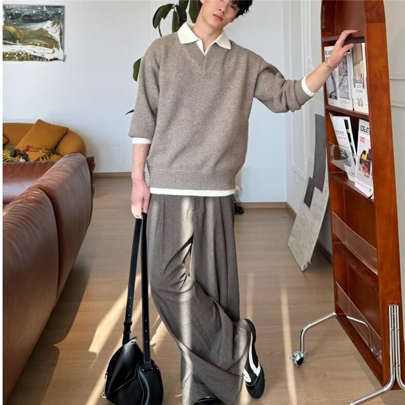 纯色简约老钱风垂感西裤秋冬季新款宽松百搭直筒阔腿长裤CH910,男装西裤,星座516A
