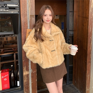 黄色立领仿水貂毛皮草短外套女秋冬超火好看皮毛一体加绒加厚棉服图片