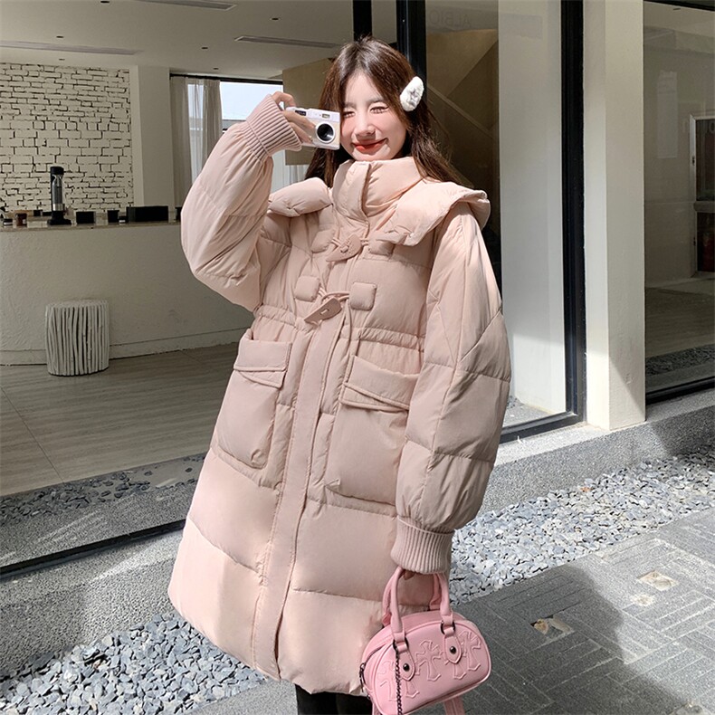 粉色牛角扣羽绒服女2025冬季新款中长款连帽加厚减龄学院风面包服图片