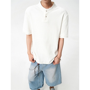 8XL-M 肌理感竖条纹亨利领短袖T恤男cleanfit老钱风夏季上衣DX346图片