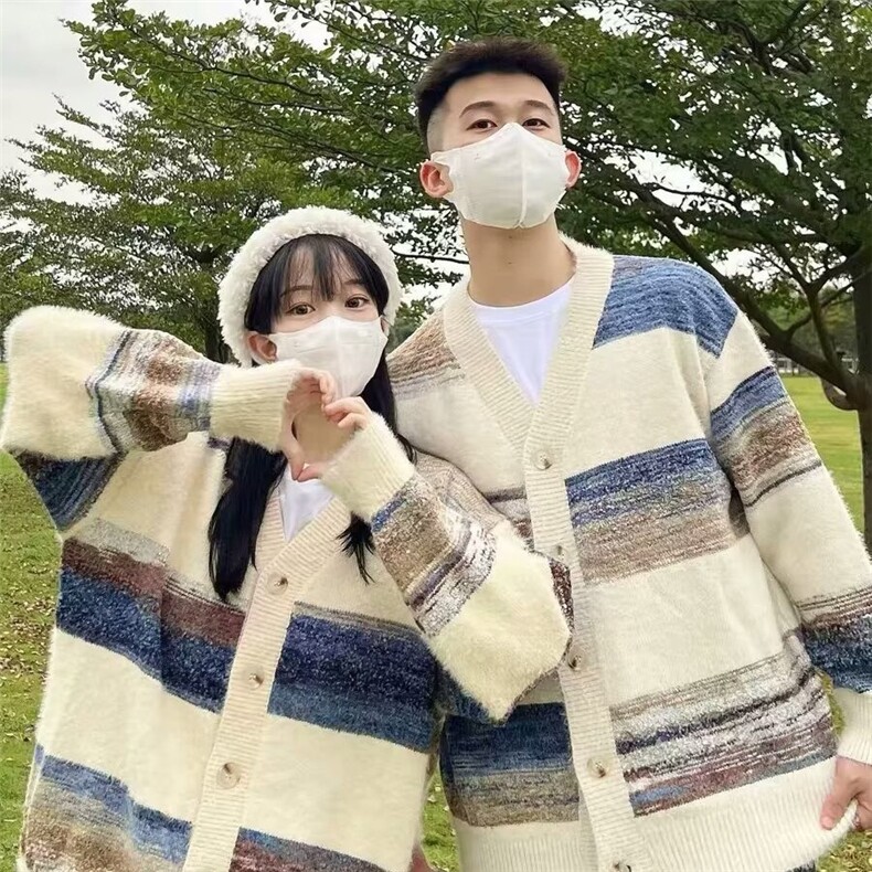 3153-P60 秋冬复古渐变慵懒风条纹开衫针织衫外套男潮牌宽松图片
