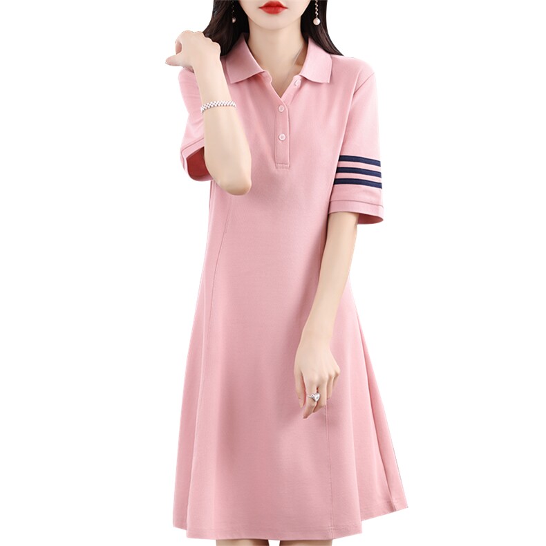 24夏季新款中长款连衣裙女POLO领运动显瘦长裙休闲短袖t恤打底衫,女装连衣裙,臻维羊绒