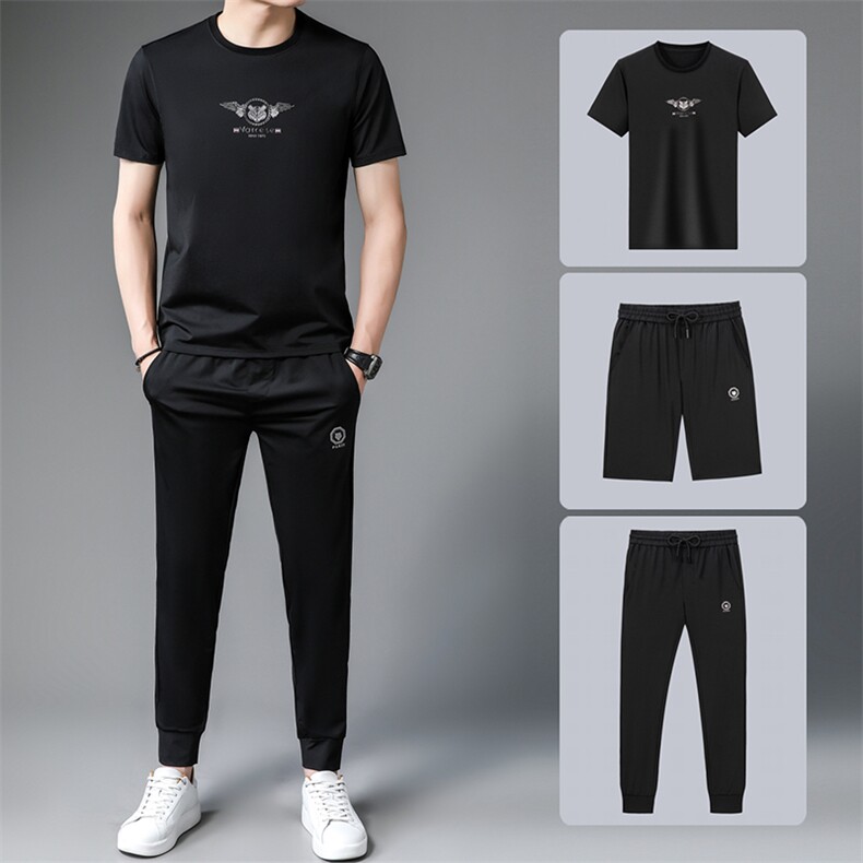 2023夏季新款冰丝薄款短袖套装中年商务休闲宽松免烫男士三件套，男装休闲套装，电商B212（原钱塘6029）