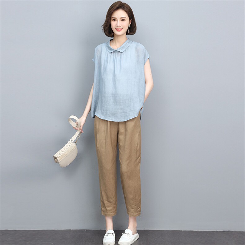 2022年夏装新款苎麻刺绣T恤衬衫女棉麻宽松九分裤套装,女装套装/套裙,忆绮罗