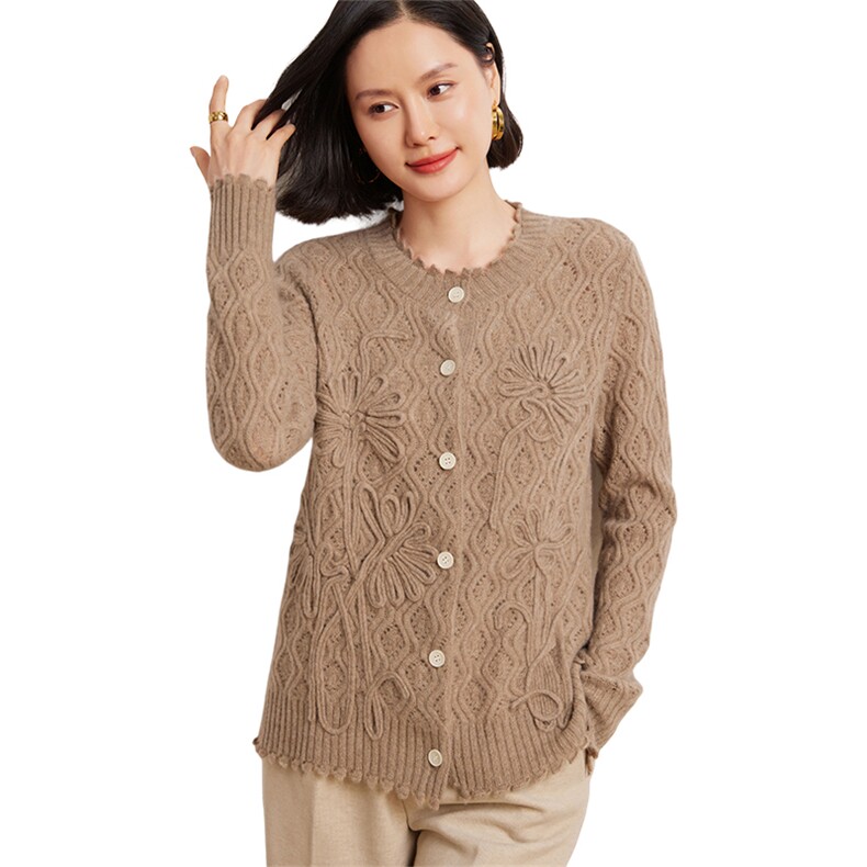 优雅女士手工绣花镂空羊绒开衫时尚百搭显瘦长袖针织外套,女装羊绒衫,臻维羊绒