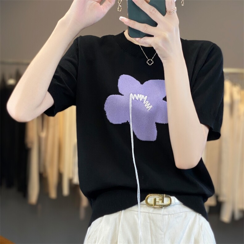 【明星同款】夏季圆领冰丝短袖T恤女宽松显瘦百搭套头背心上衣,针织衫/毛衣,雪真羊绒
