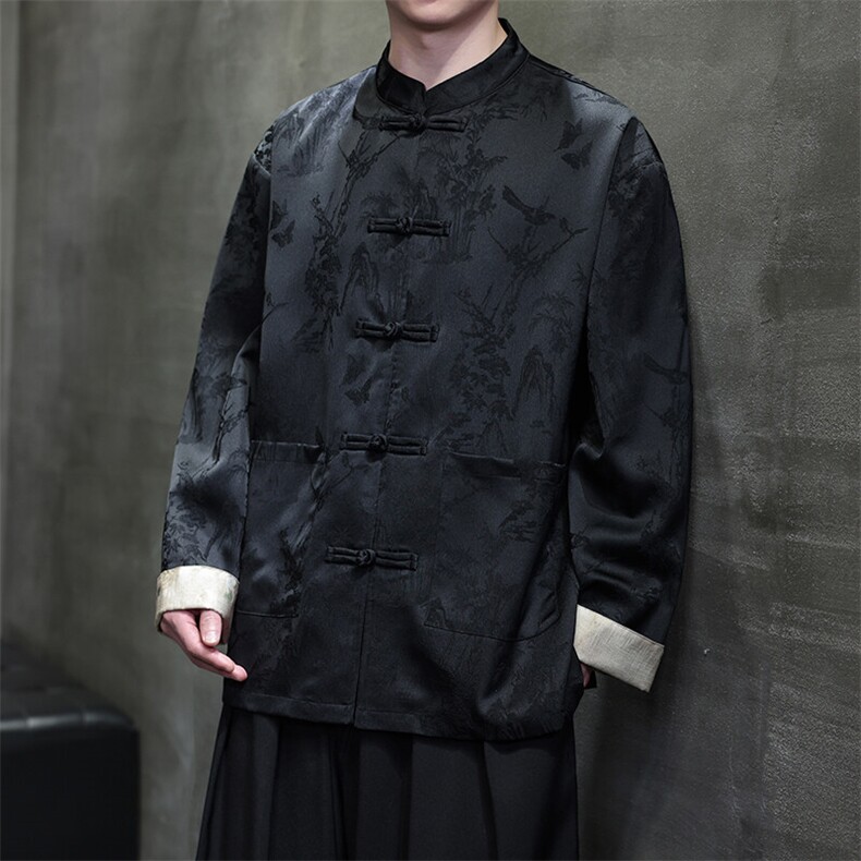 新中式衬衫盘扣翻袖子花纹开衫男女长袖A021-KS513-P85控98,男装衬衫,电商A021