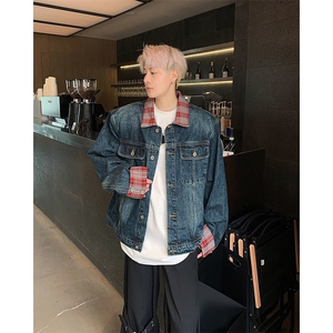 2025冬格子拼接撞色牛仔夹克外套复古美式夹克情侣 A025-Y80-P80图片