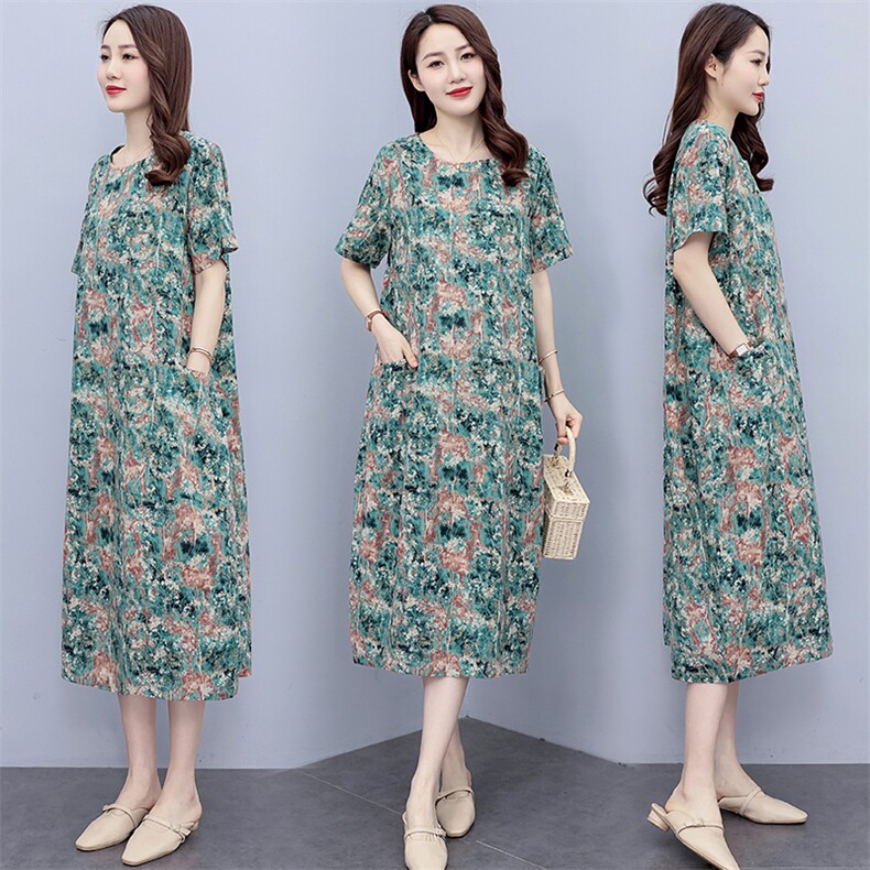 妈妈中长款连衣裙减龄花色2024夏季新款宽松大码女装遮肉显瘦裙子,女装连衣裙,香香