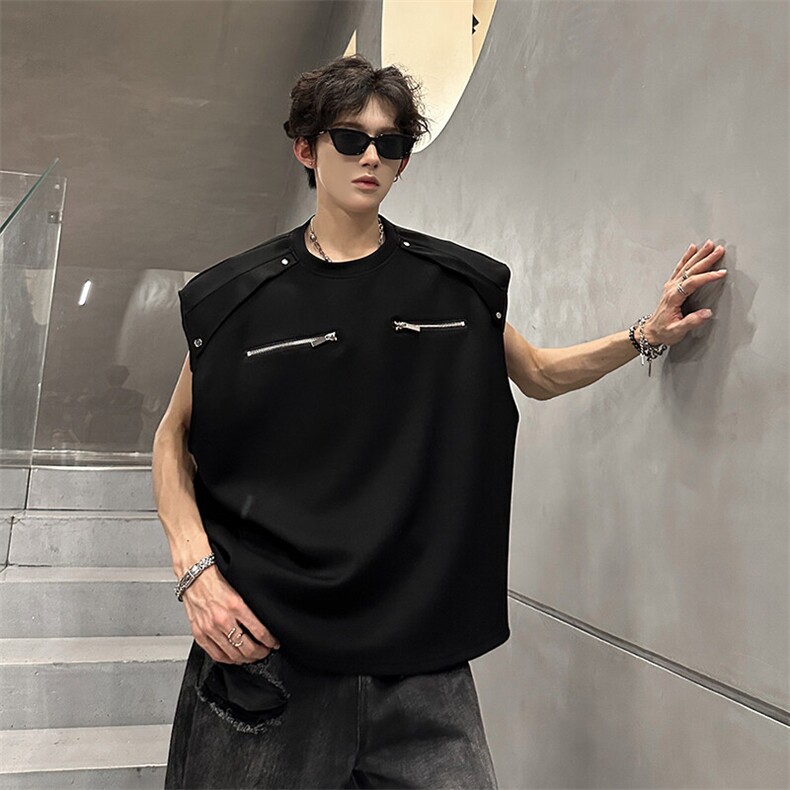 重磅垫肩夏季无袖T恤美式拉链设计背心950P42，男装背心/马甲，电商A458A