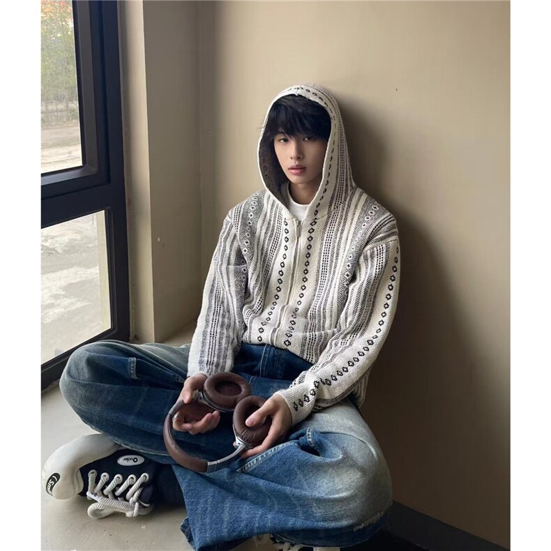 M625-P73 复古小众设计感双拉链针织衫毛衣男女cleanfit连帽开衫图片