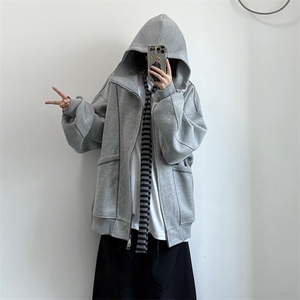 抖音得物高品质秋冬美式高街重磅结构辑明线纹理连帽卫衣外套W111图片