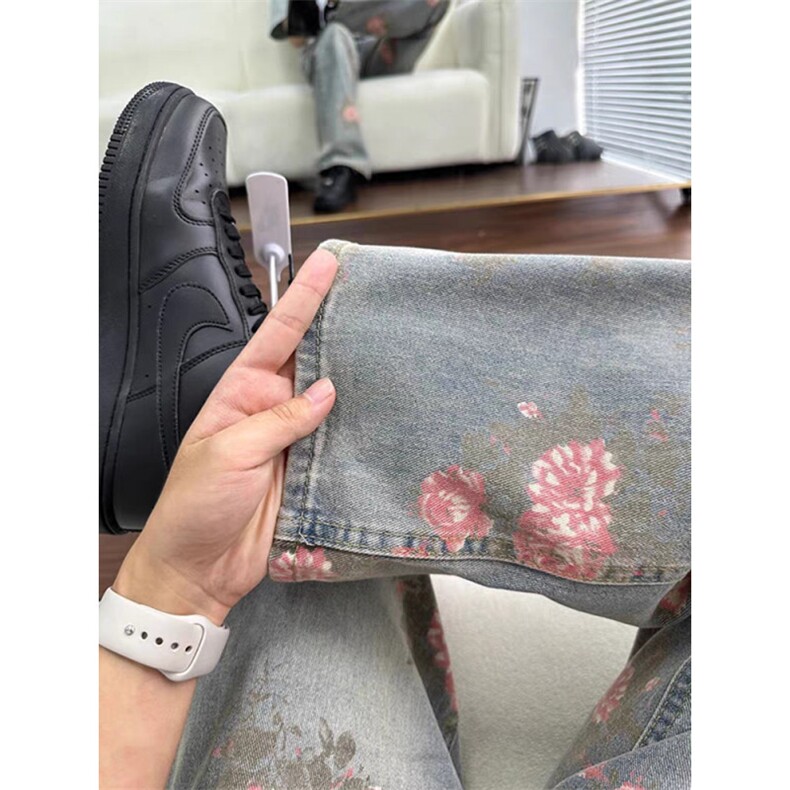 WE1850-P50满印玫瑰提花牛仔裤男复古设计感松弛慵懒阔腿,男装牛仔裤,电商B323A