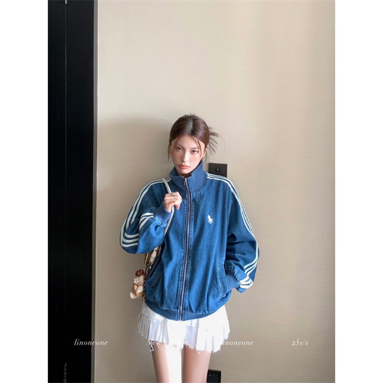老钱刺绣牛仔休闲三道杠宽松外套,女装短外套,四季星座505