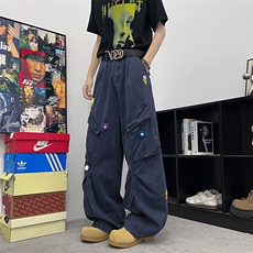 2025夏季新款直筒工装裤男女美式宽松花花刺绣伞兵裤KZ0126-P70，男装工装外套，星座308B-1