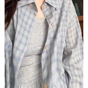 夏季轻薄格子防晒衬衣男女宽松灰蓝色格纹中长款长袖衬衫 CS107图片