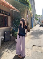紫色花边莱赛尔天丝冰感百搭垂感空调阔腿裤，女装休闲裤，湘姗