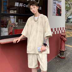 2026夏季新款扎染美式冰丝五分袖短裤套装潮流TZ5622/特P50杏色，男装牛仔裤，电商A094