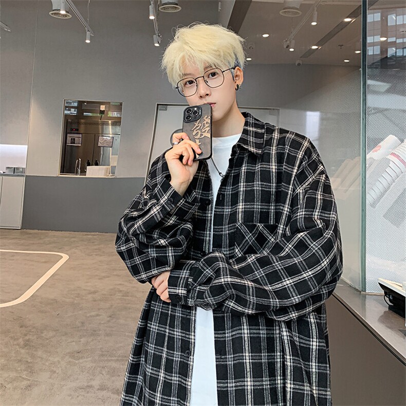 衬衫男2025春季新款港风大码宽松格子长袖衬衣CS550-P38(现货）,男装衬衫,星座214-3